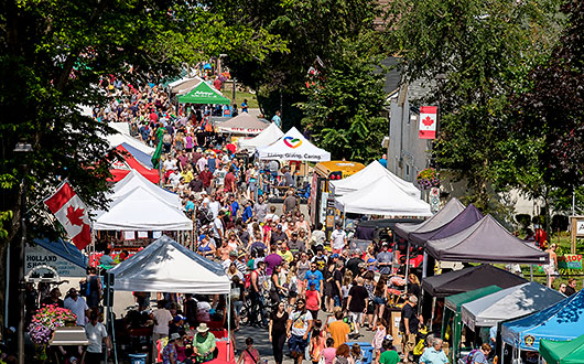 bird-eye view of the street filled with people and vendor tents