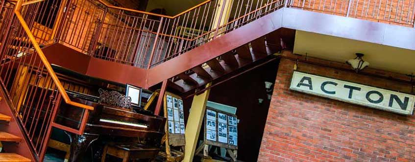 Acton Town Hall - Citizen Hall staircase, piano, Acton sign